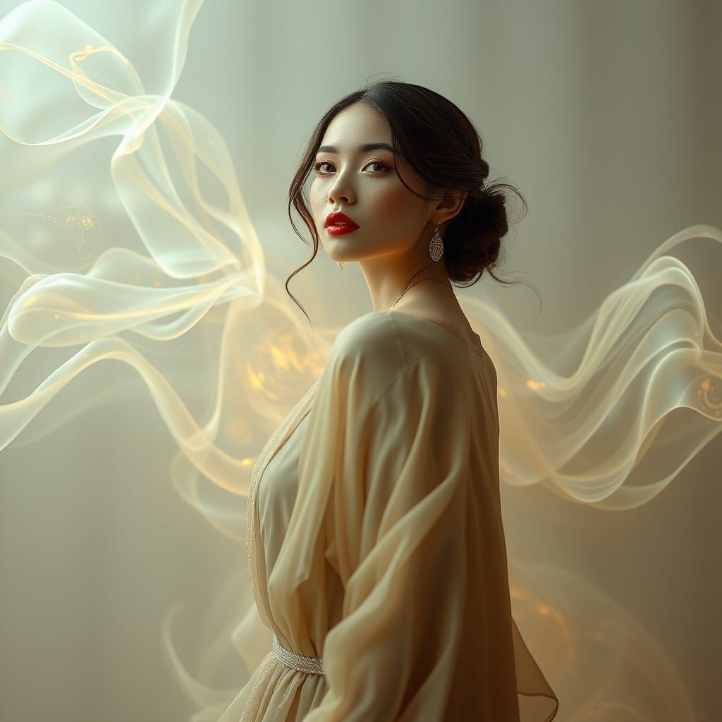 Elegant Woman with Fractal Pattern in Photorealistic Style