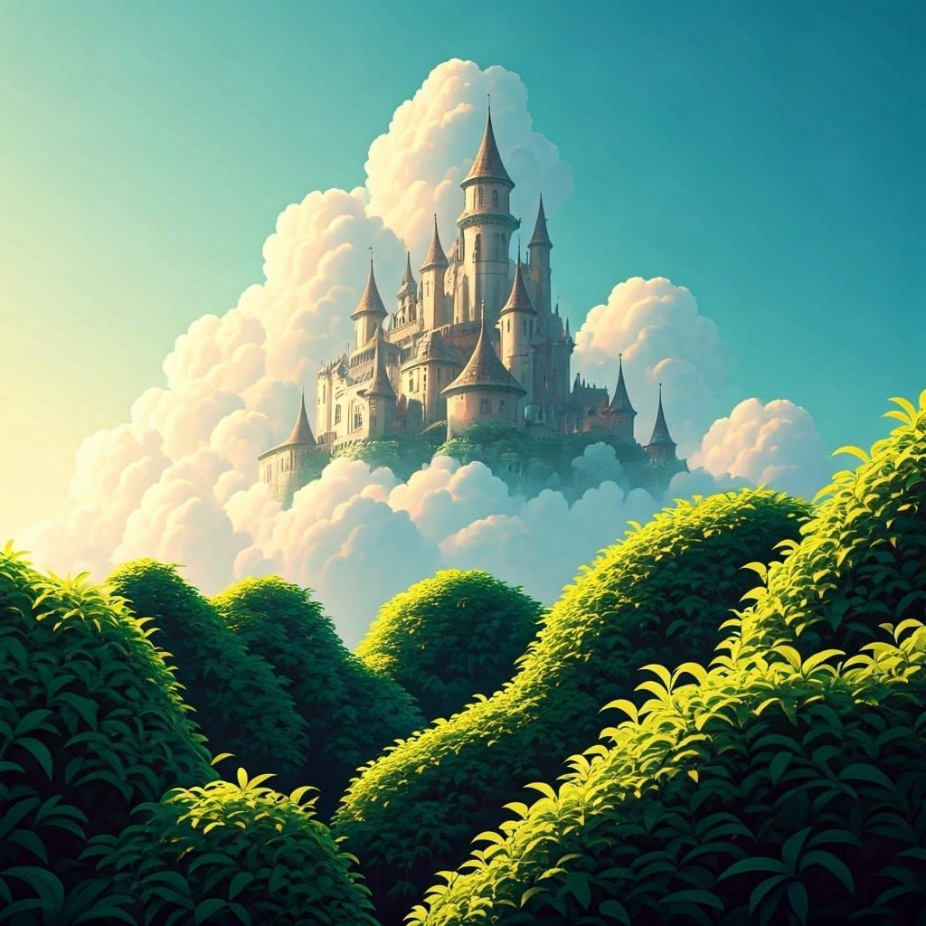 Mystical Cloud Castle in Watercolor Style
