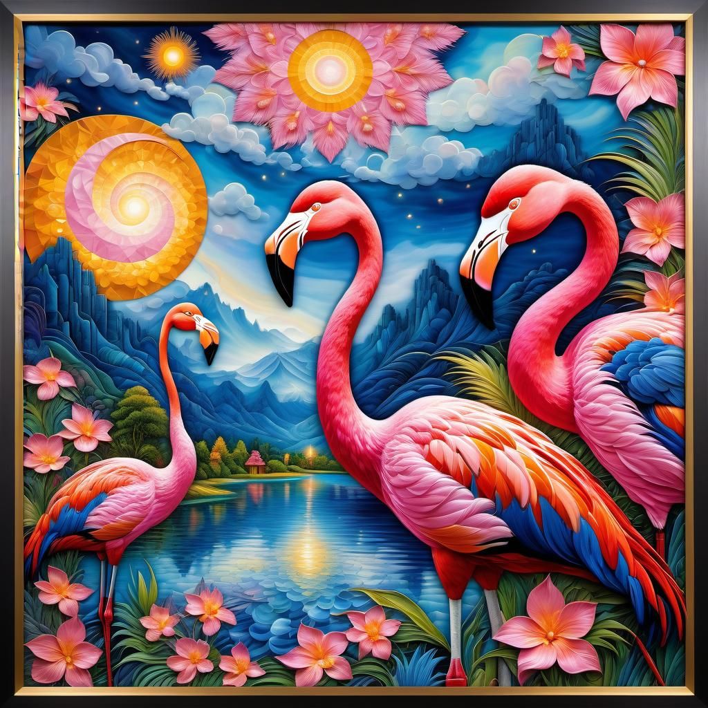 Flamingos Painting in Van Gogh Style with Geometric Details