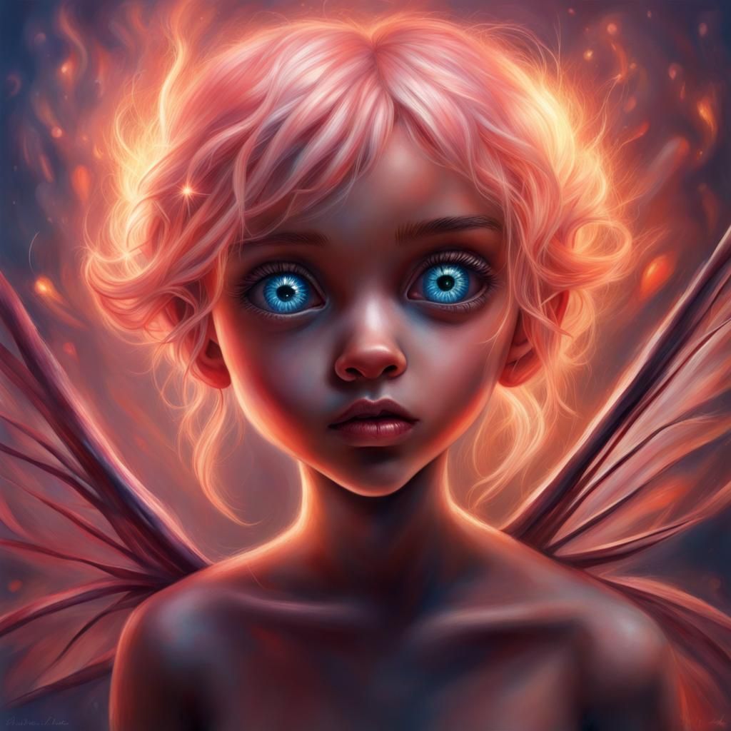 Hyperrealistic Fairy with Eyes of Fire and Blue Heart