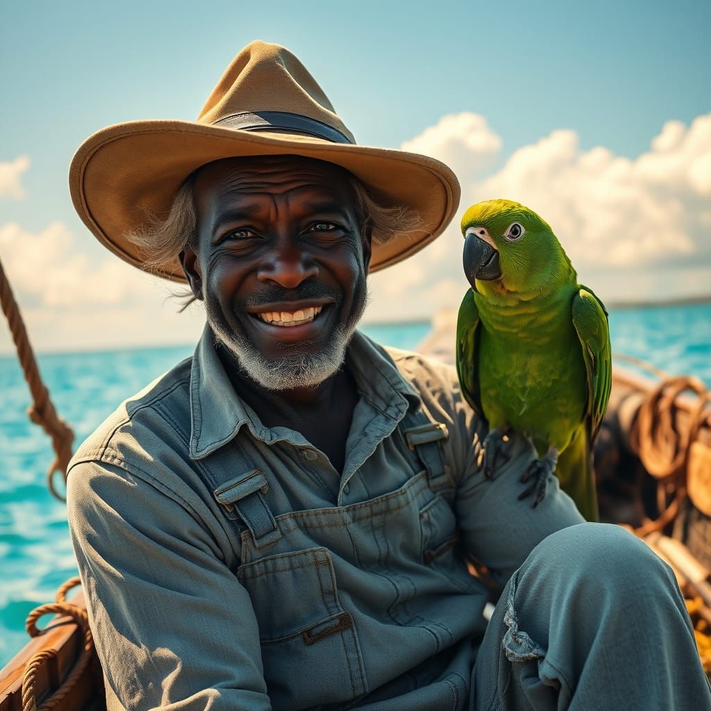 Weathered Fisherman Surrounded by Vibrant Parrot and Serene ...