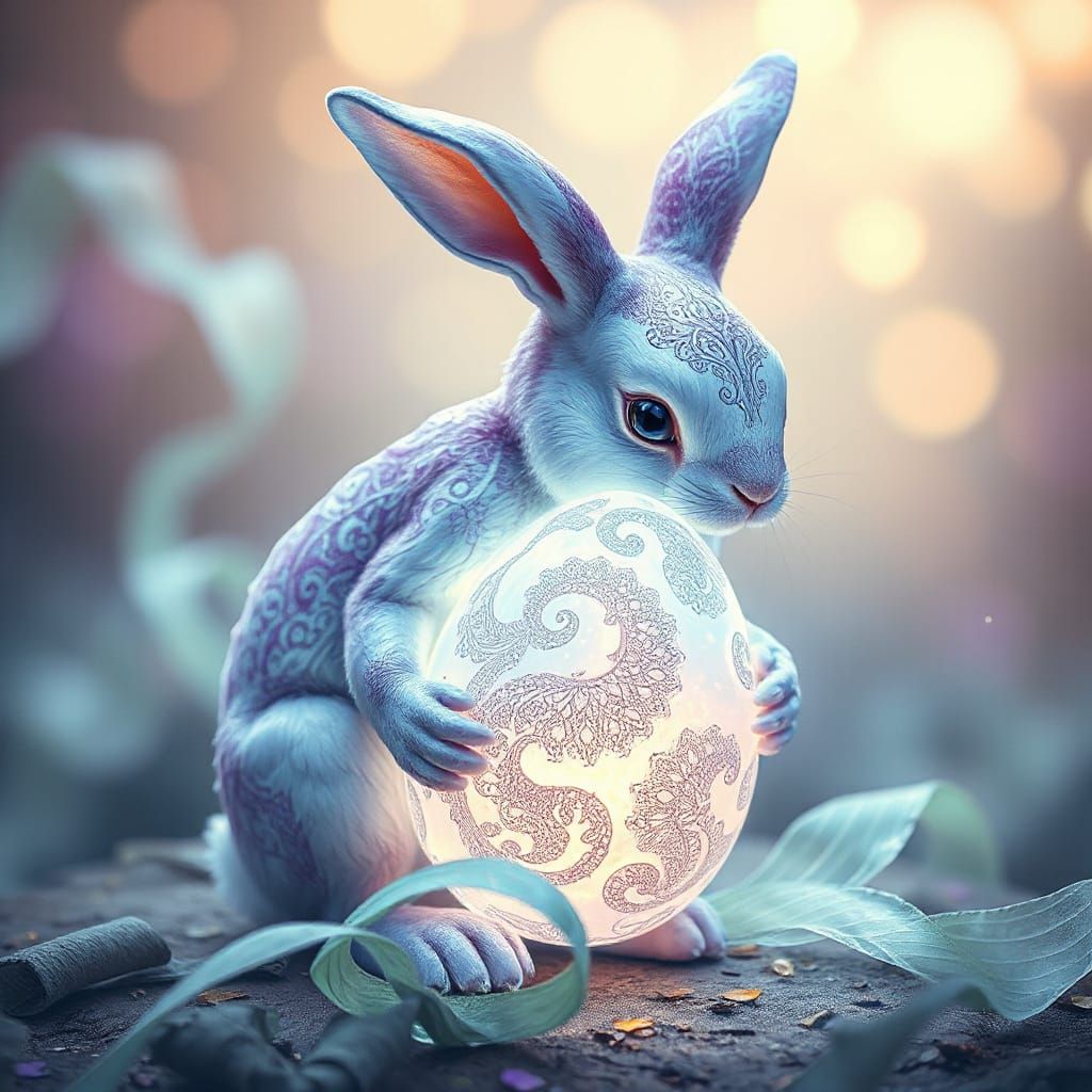 Ethereal Easter Bunny Cradles Glowing Resurrection Egg
