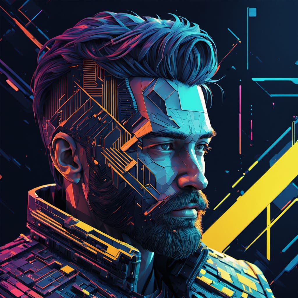 Cubist Portrait with Glitch Code in Cyberpunk Style