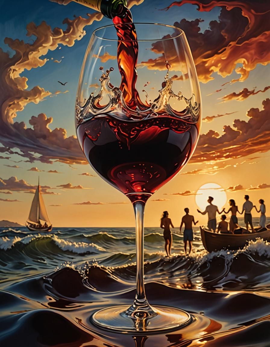A surreal, monumental, humongous wine glass with red wine in...