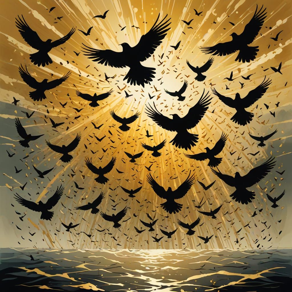 Flock of Birds Rising into Golden Sky