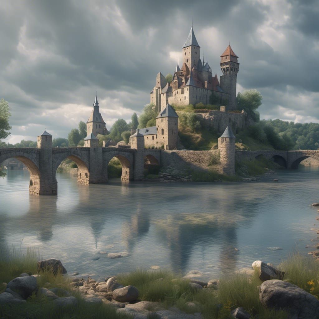 Medieval Fortress with Stone Bridge in Hyperreal Style