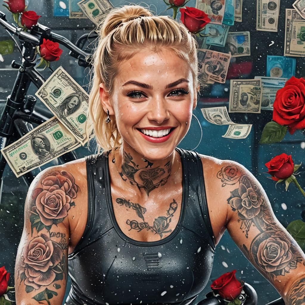 Tattooed Woman on Exercise Bike with Floral Money Background