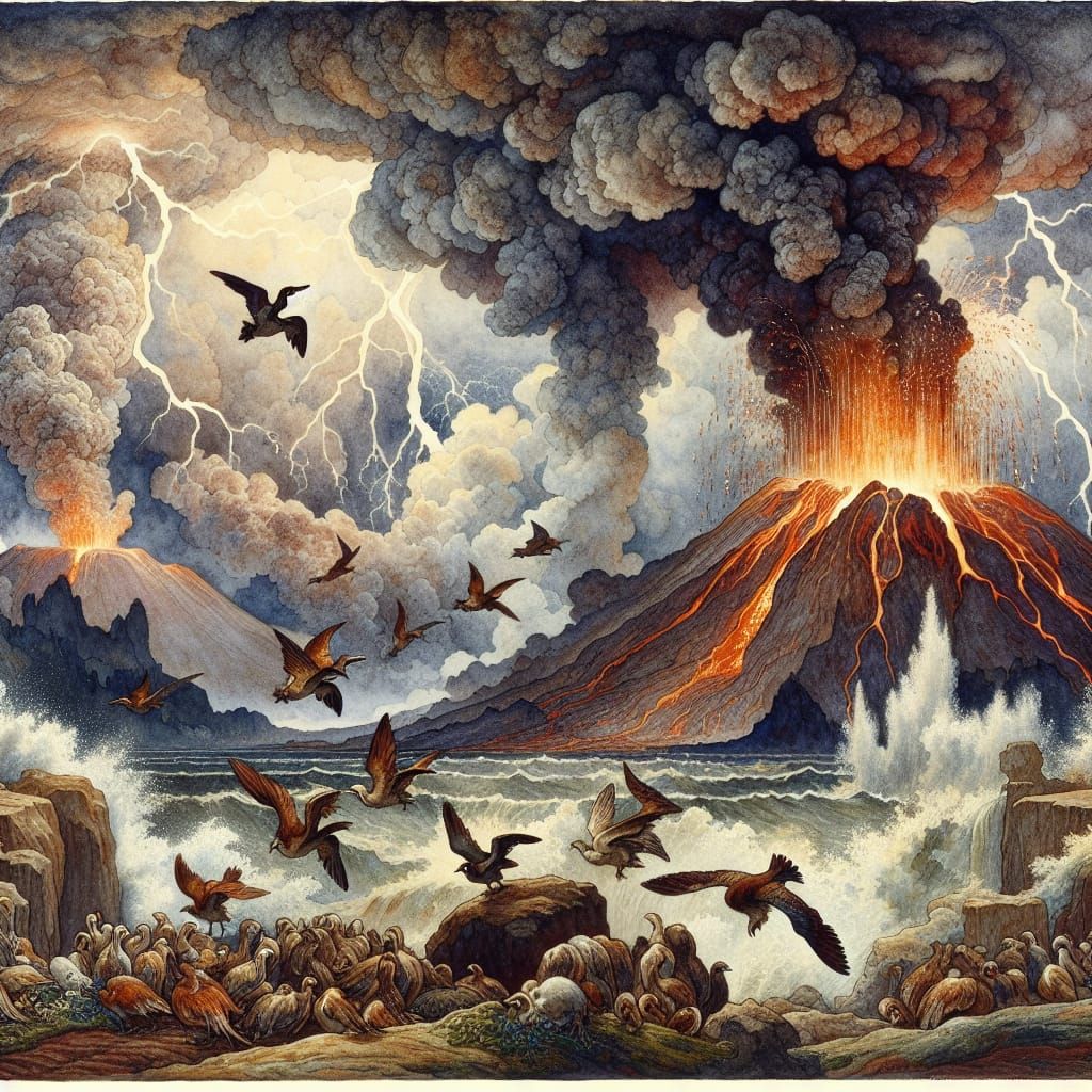 Volcano Eruption in Art Nouveau Watercolor Style