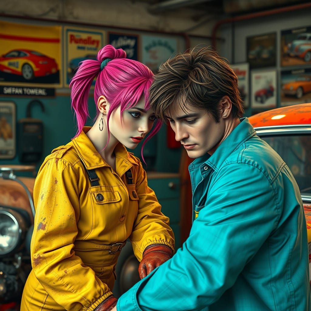 Young Mechanics and a Vibrant Vintage Car in 3D Anime Style