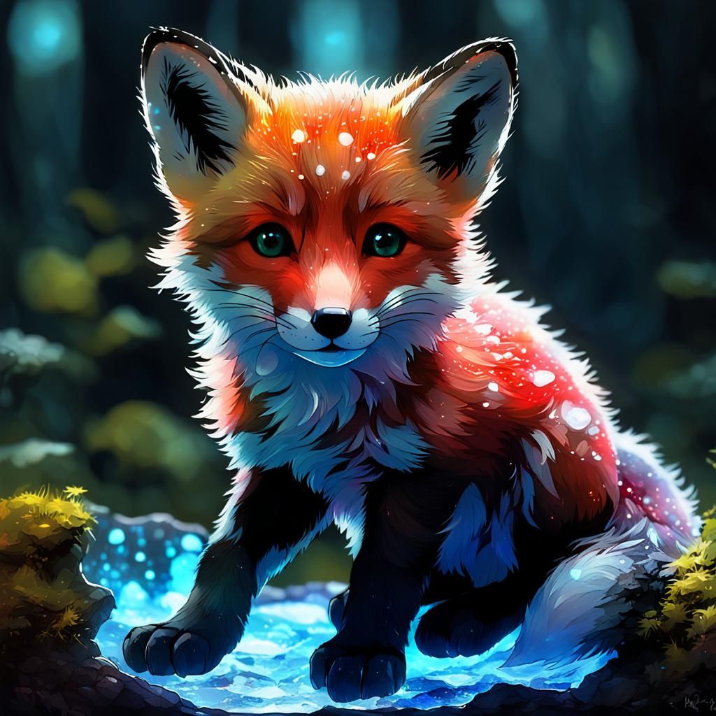 Stained Glass Fox Cub in Enchanted Forest