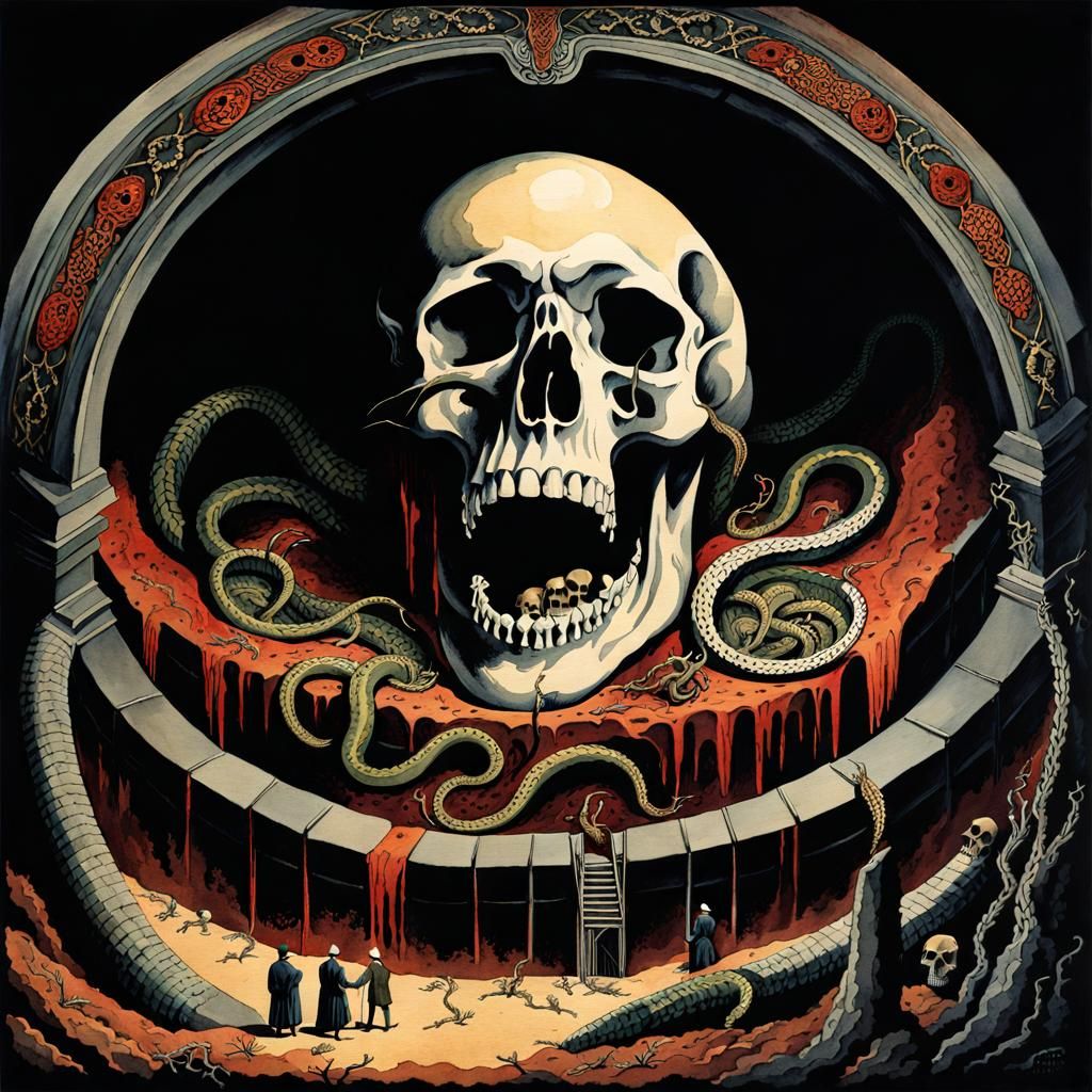 Vintage Watercolor: Man Lowered into Snake Pit