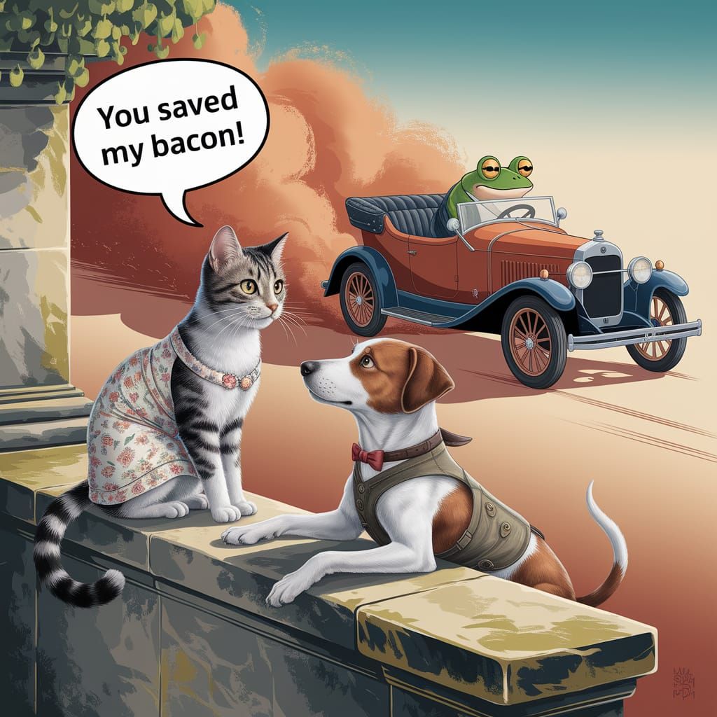 Cat Saved by Dog in Whimsical Digital Art