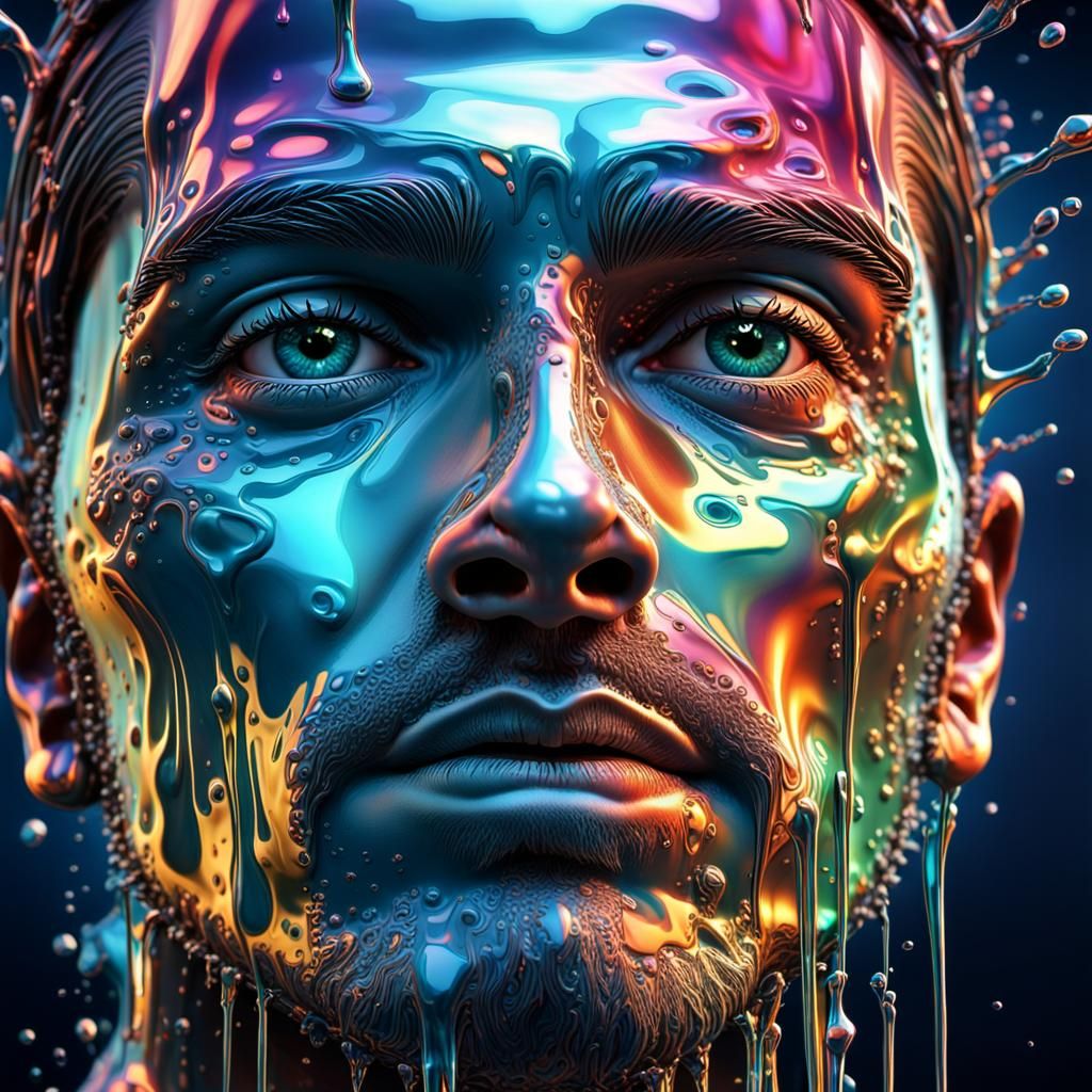 Holographic Man's Face in Dripping Liquid