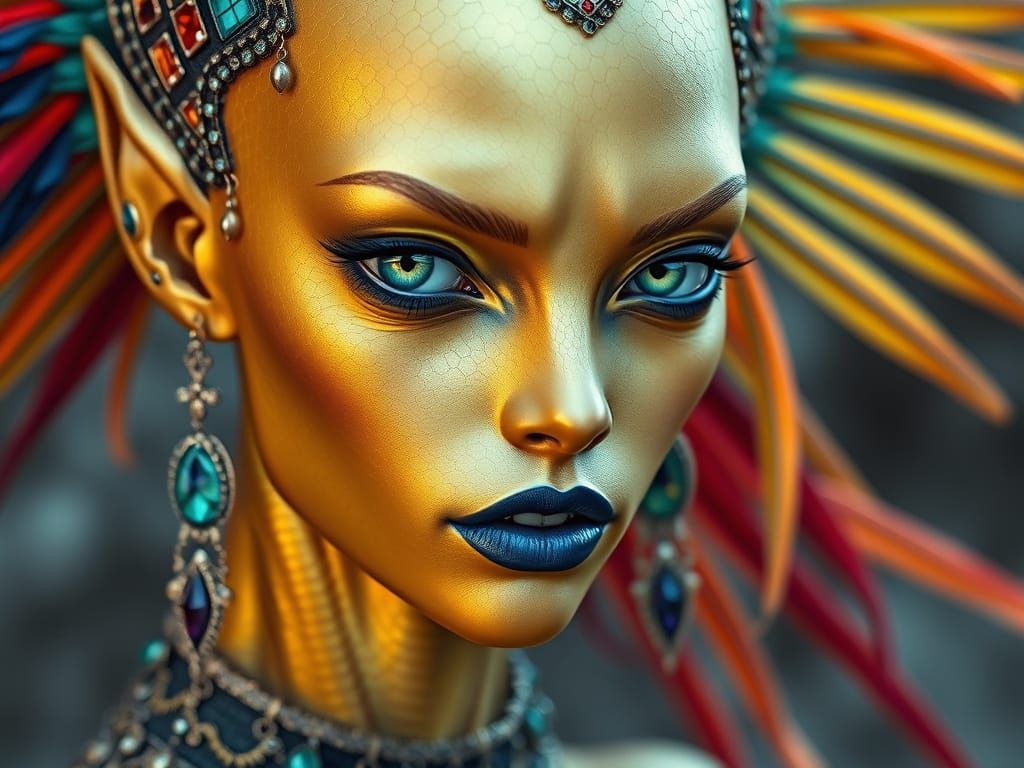Glowing Alien Goddess with Feline Eyes and Intricate Jewelry