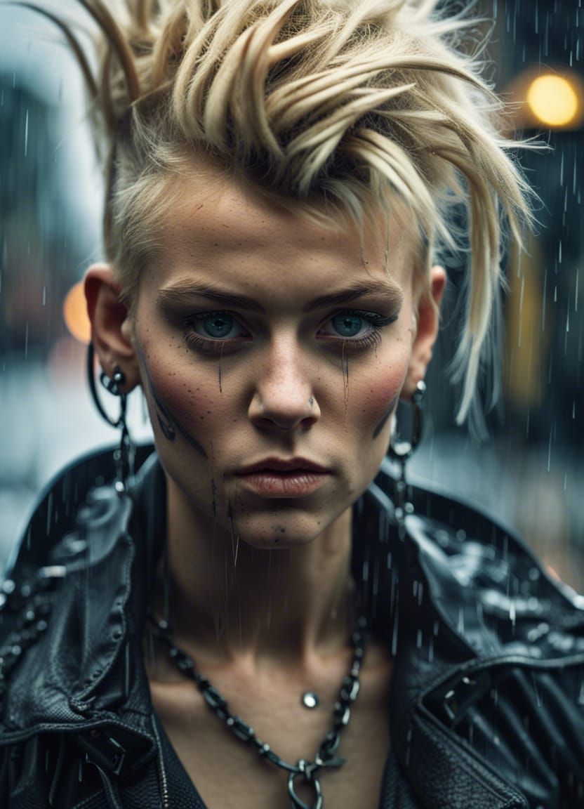 Cyberpunk Punk Girl with Mohawk in Rain