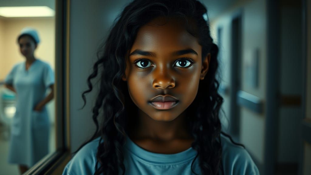 Girl in Hospital Corridor: Cinematic Film Still