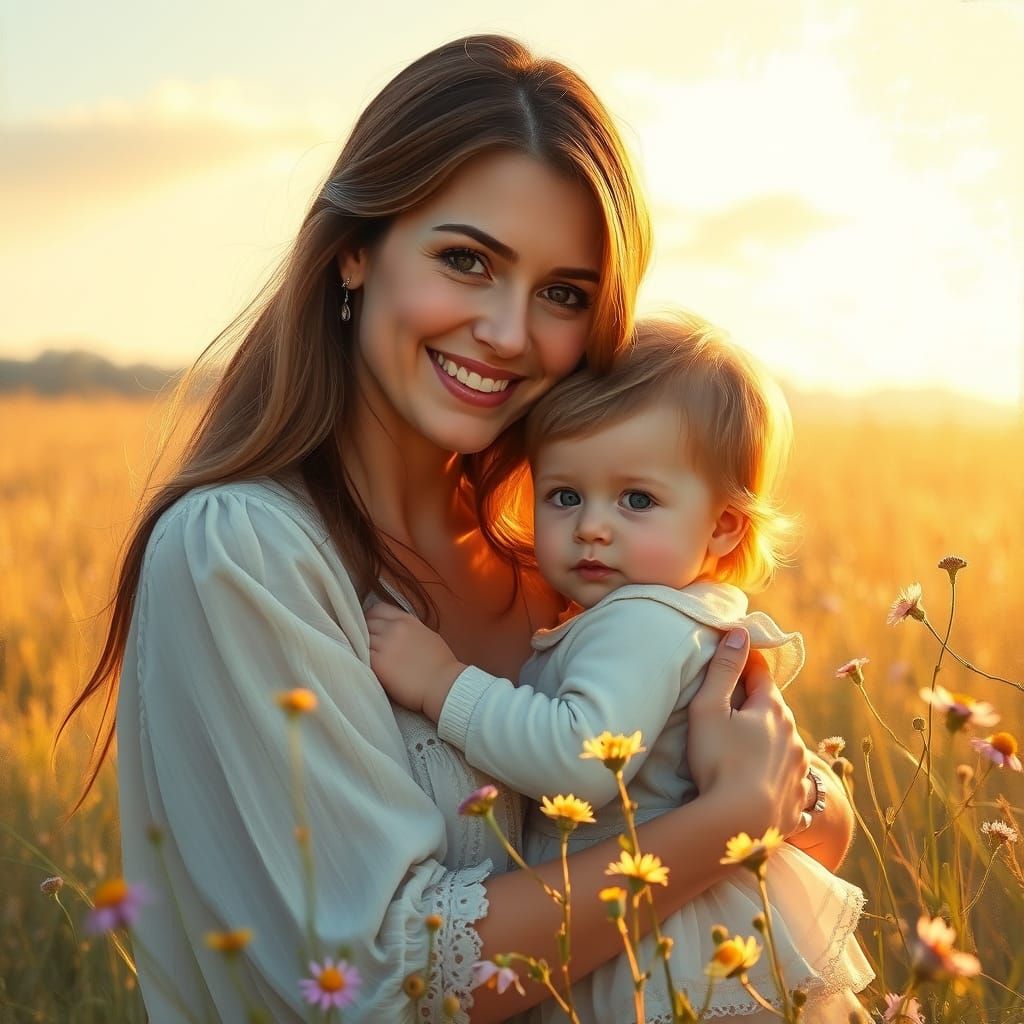 Mother and Child in Impressionist Sunlit Meadow