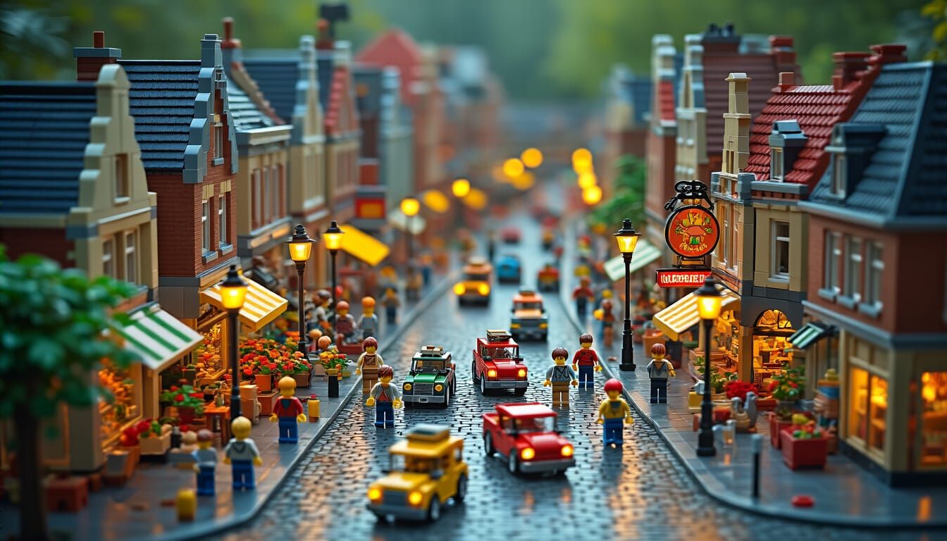 A bustling miniature Lego world.
