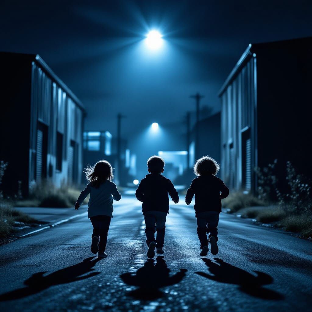 Children Flee Ominous Warehouse at Night