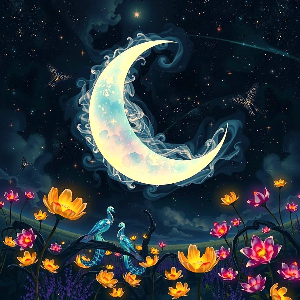 Smokey Crescent Moon in Starry Sky