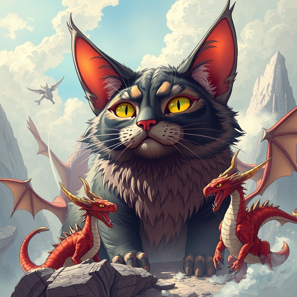 Giant Cat and Dragons in Fantasy Landscape
