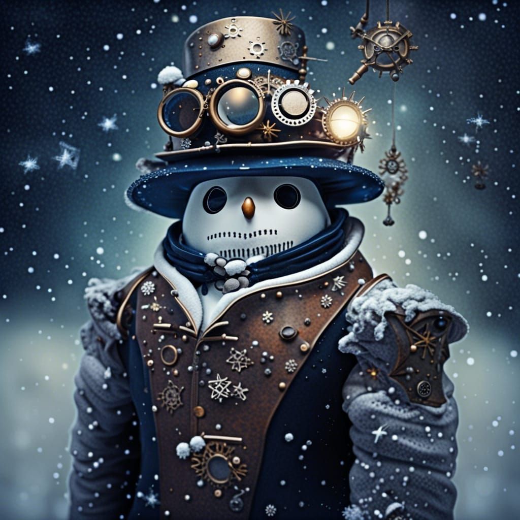 Steampunk Snowman Under Galaxy at Night