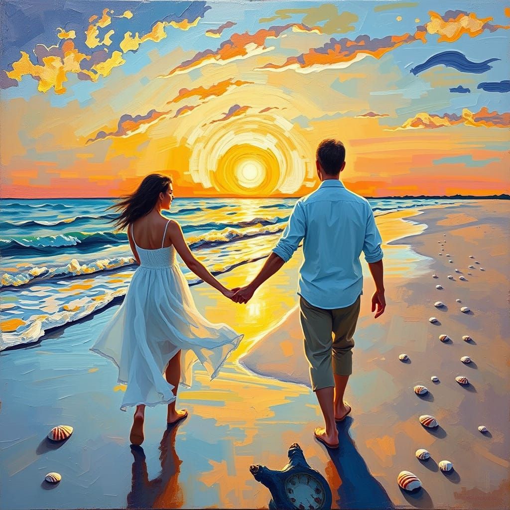 Couple Strolling Along Seaside at Sunset