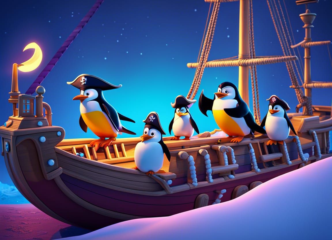 Pirate Penguins on Snow Ship: 3D Digital Art