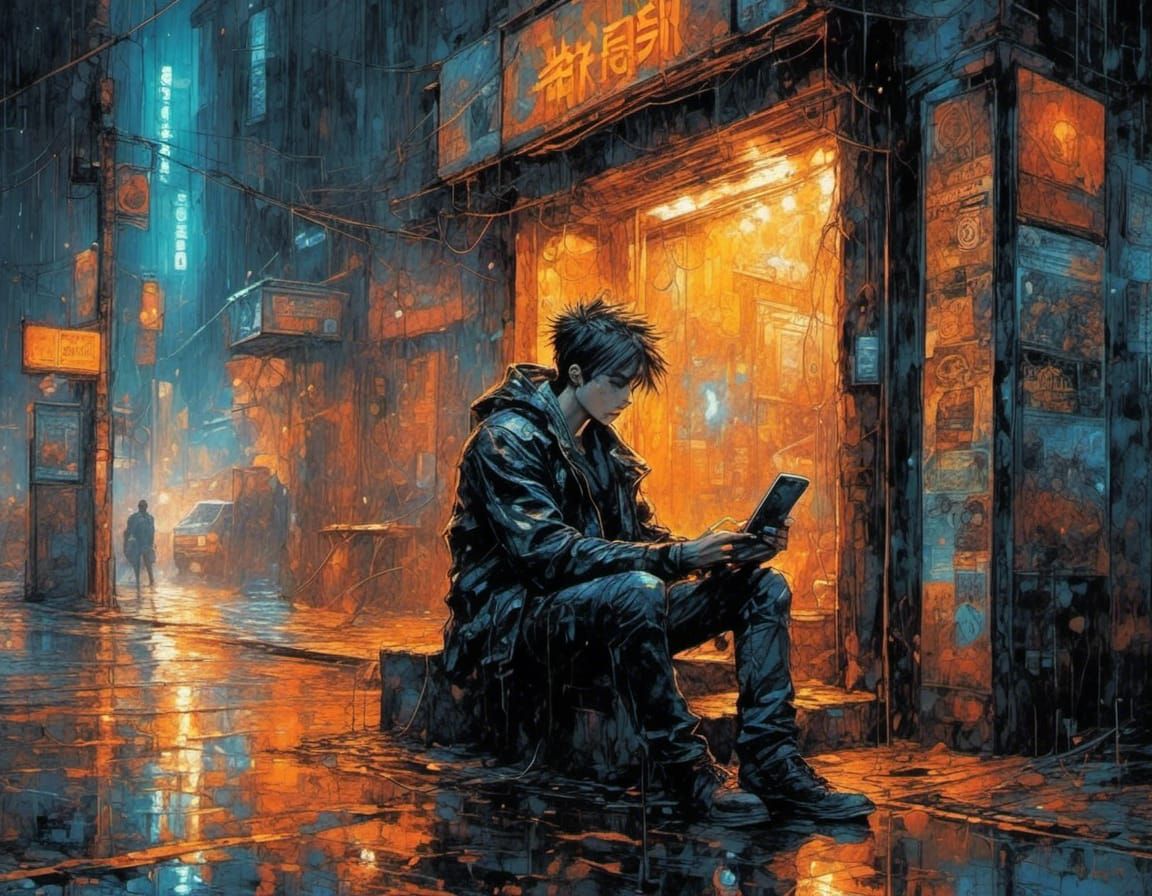 Cyberpunk Punk in Rainy Alley Checking Phone