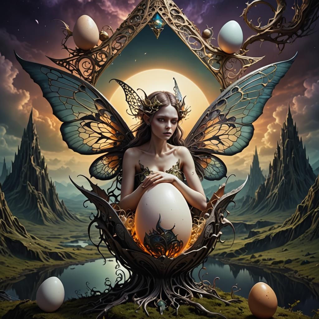 Chromatic Surrealism, a scary nightmarish fairy with filigree wings hatching from an egg in a surreal landscape, Luminou...