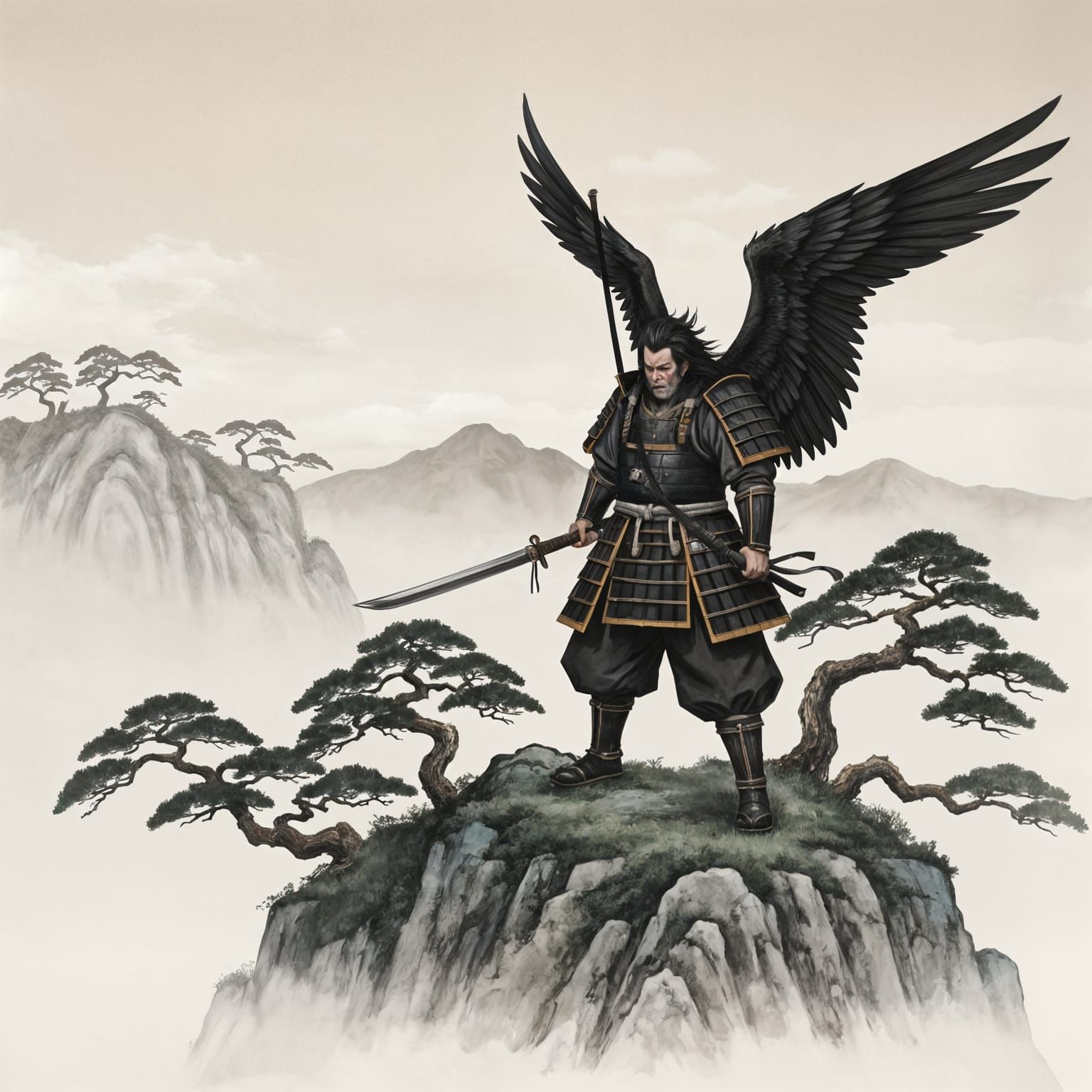 Tengu Warrior on Misty Japanese Mountain Peak