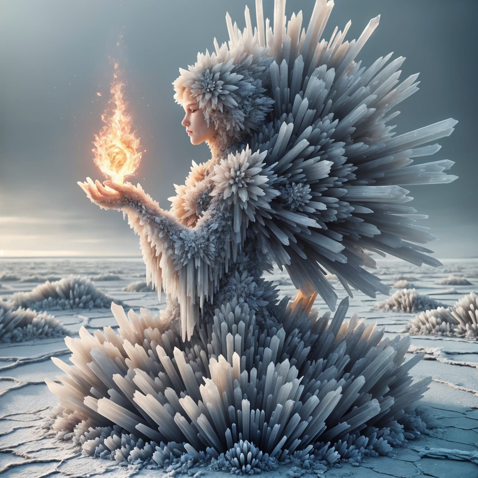Crystalline Girl Holding Fire in Desert Landscape