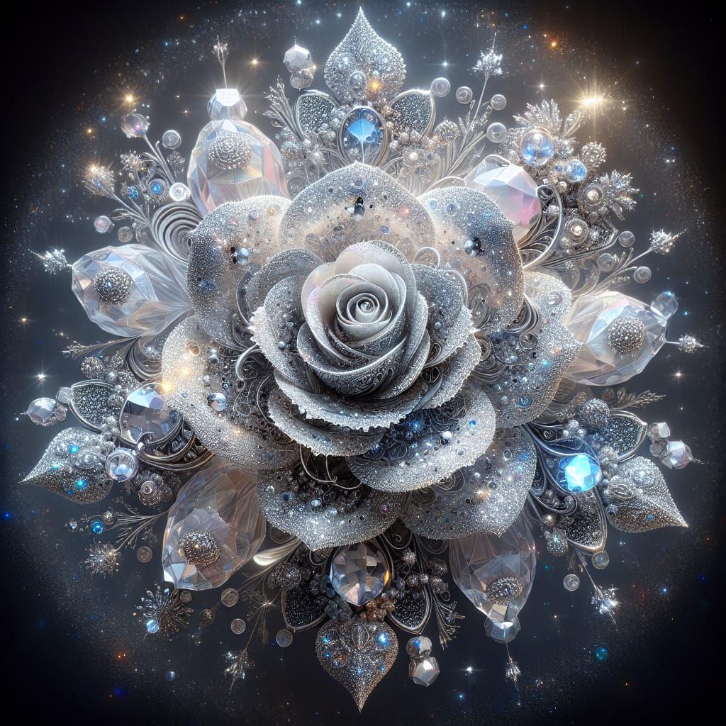 Ethereal Crystal Rose with Silver Filigree and Gemstones
