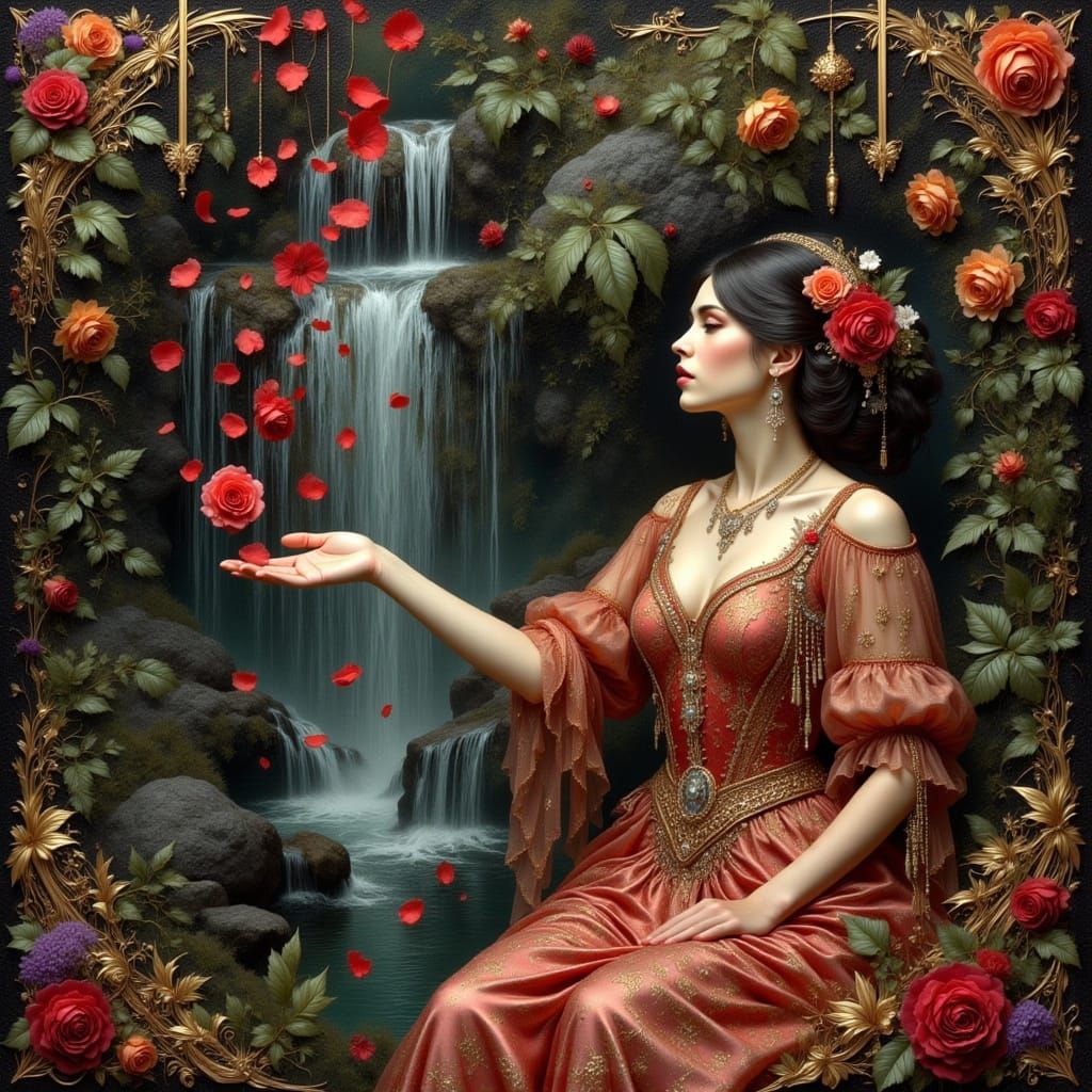 Elegant Woman Scattering Roses in Art Nouveau Style