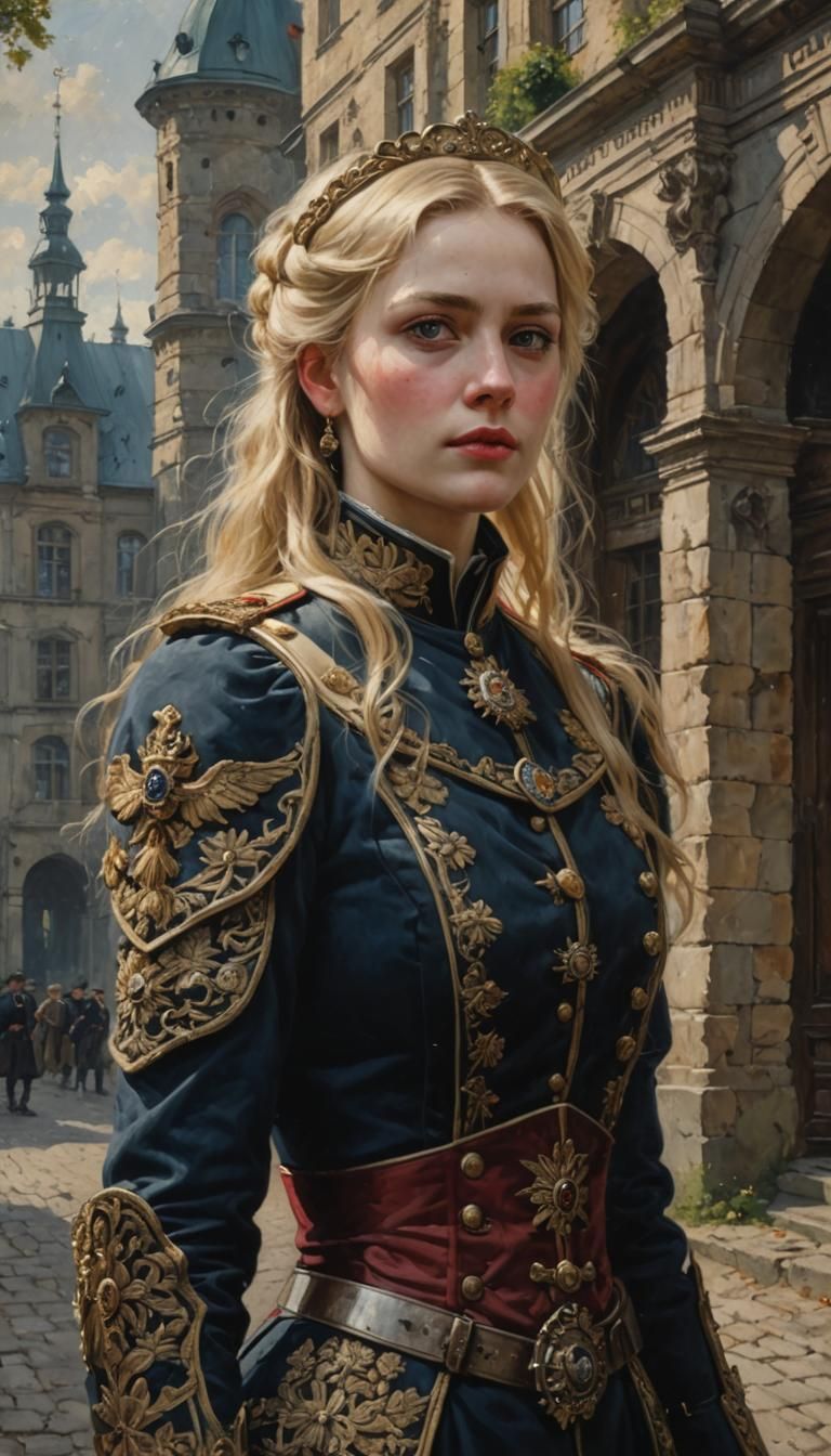 Young Blonde Woman as Prussian General, Oil Painting