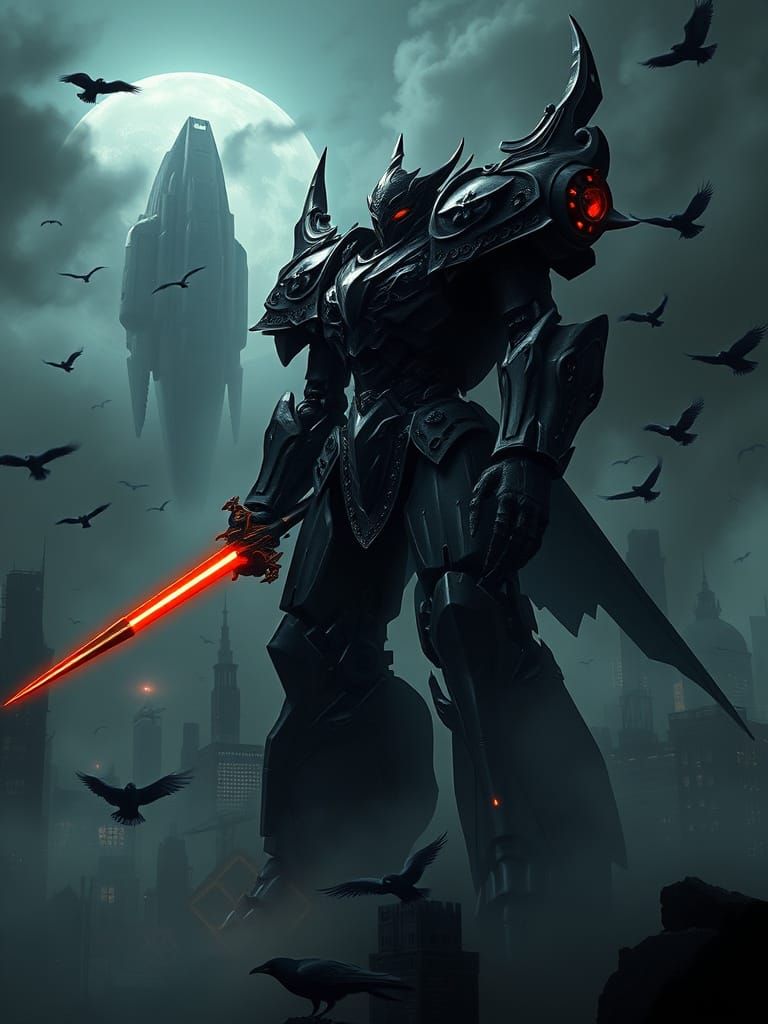 Gothic Robot Towers Over Dark Cityscape