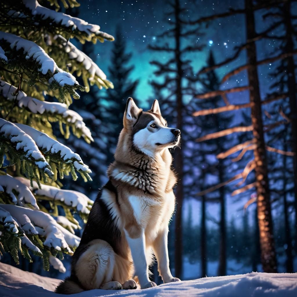 Serene Nighttime Husky in a Winter Wonderland