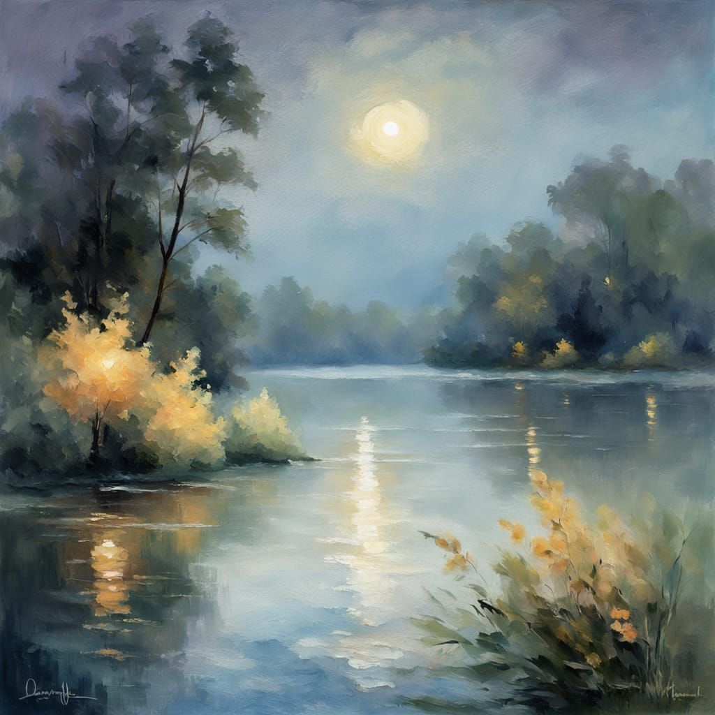 Moonlit Lake in Impressionist Style