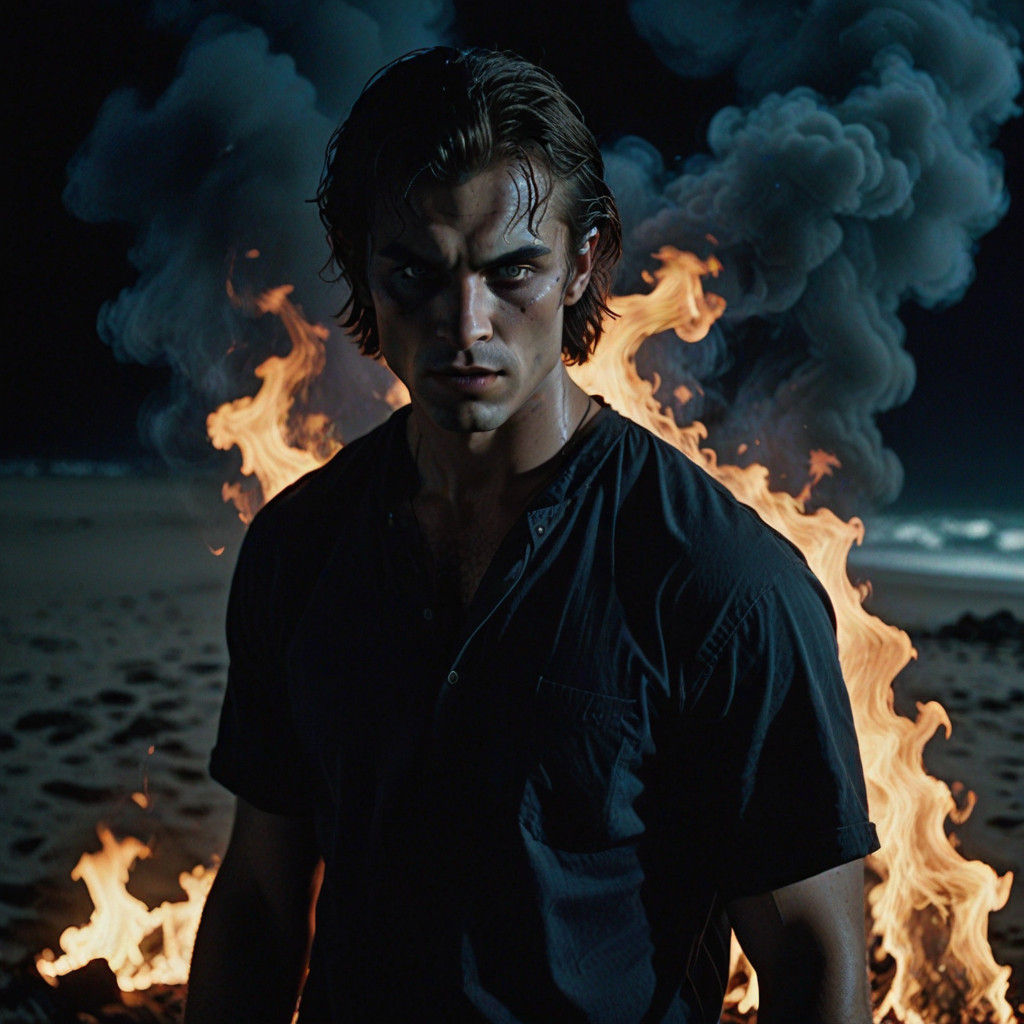 Menacing Vampire Close-up with Fiery Nighttime Beach