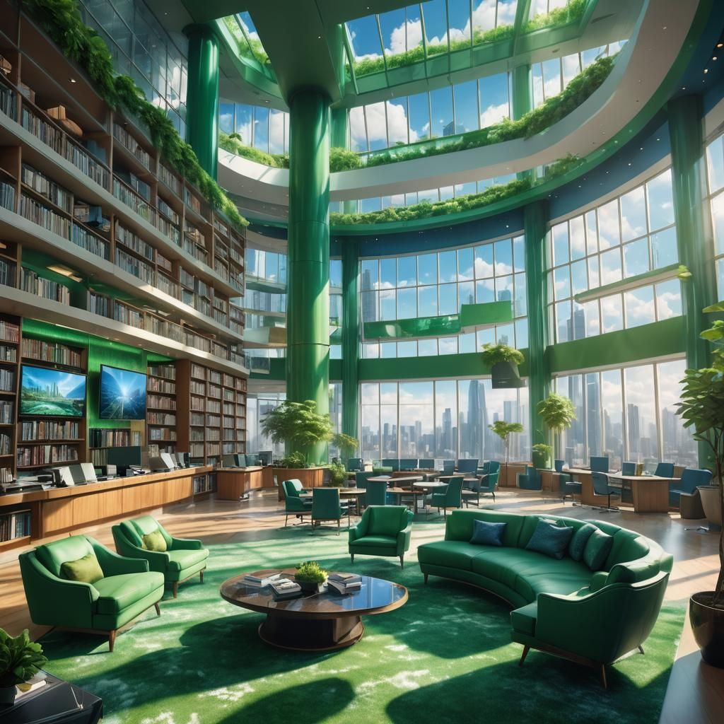 Hotel Lobby with Green Cityscape, Matte Painting