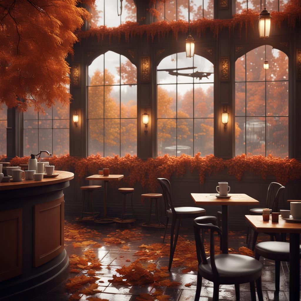 Rainy Autumn Coffee Shop: Detailed Matte Painting