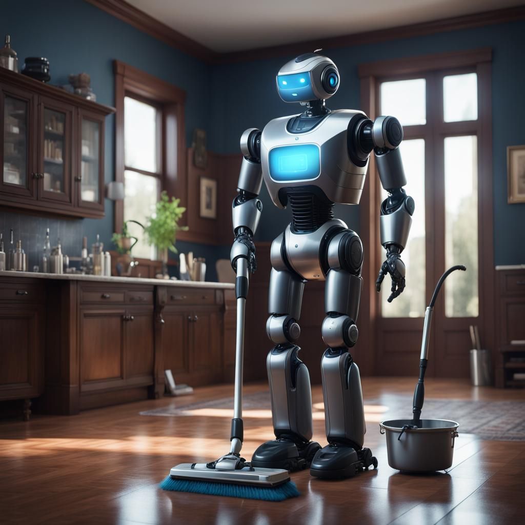 Realistic Robot Butler Cleans House: Detailed Digital Art