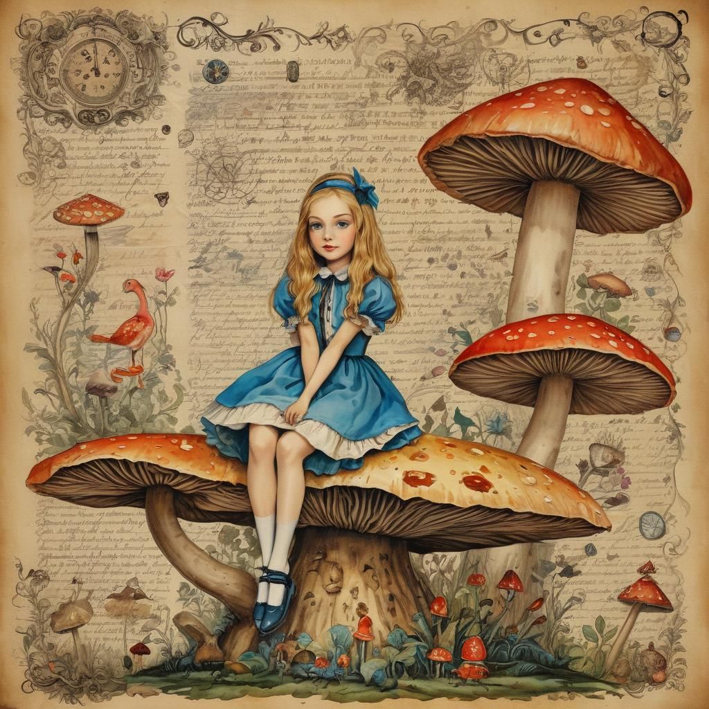 Watercolor Alice in Wonderland on Mushroom