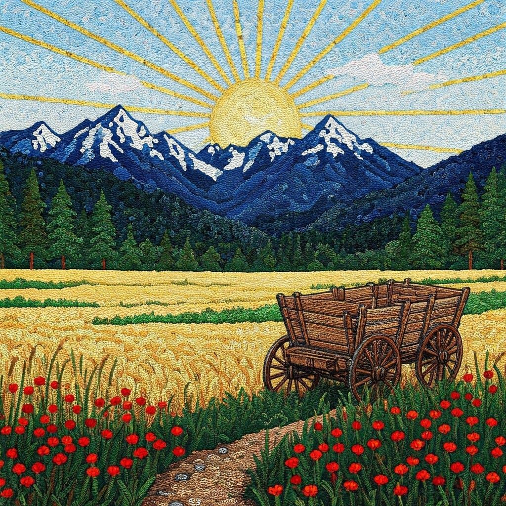Glamorous Mosaic Landscape with Rustic Wagon and Wildflowers