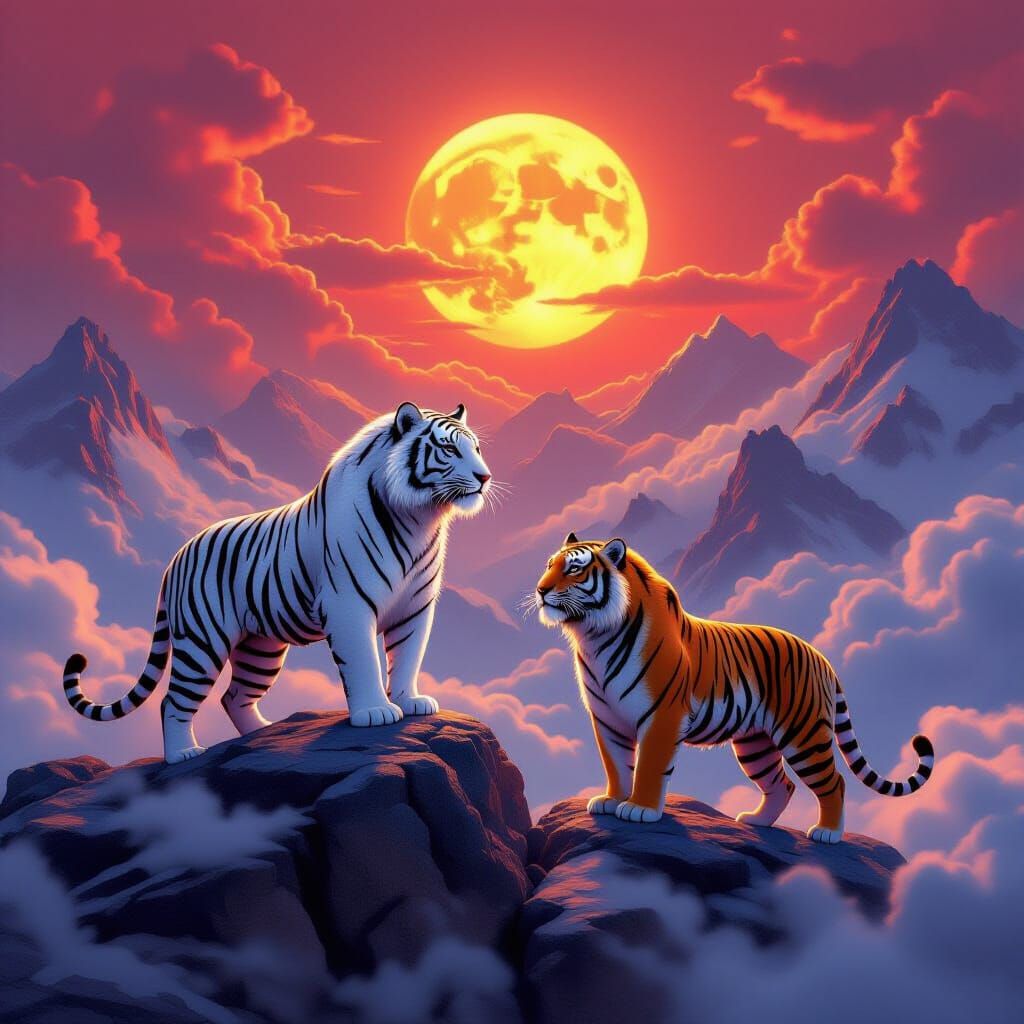 White and Orange Tigers on Misty Mountaintop