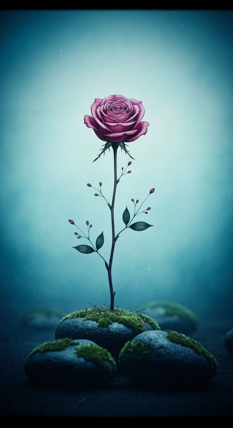 A digital print of a glossy, deep pink rose against a patterned beige background. The rose is centered in the frame. The...