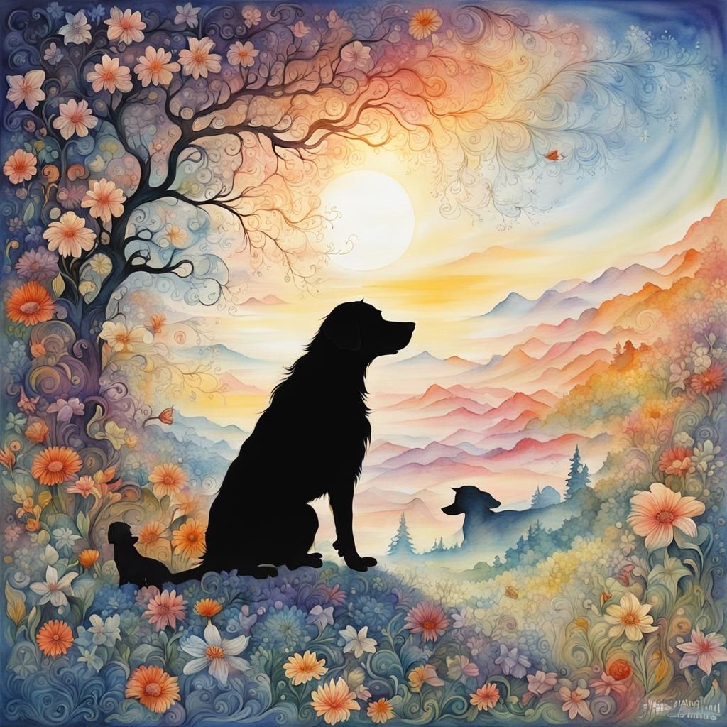 Silhouette of Girl and Dog in Surreal Anime Style