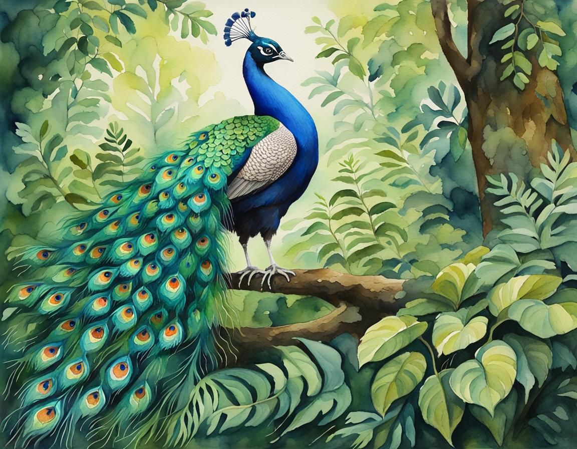 Peacock in Exotic Forest: Watercolour Gouache Painting
