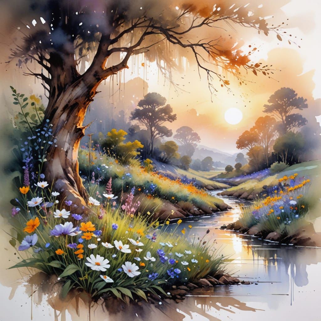 Wildflower Meadow Meeting in Stylized Watercolor