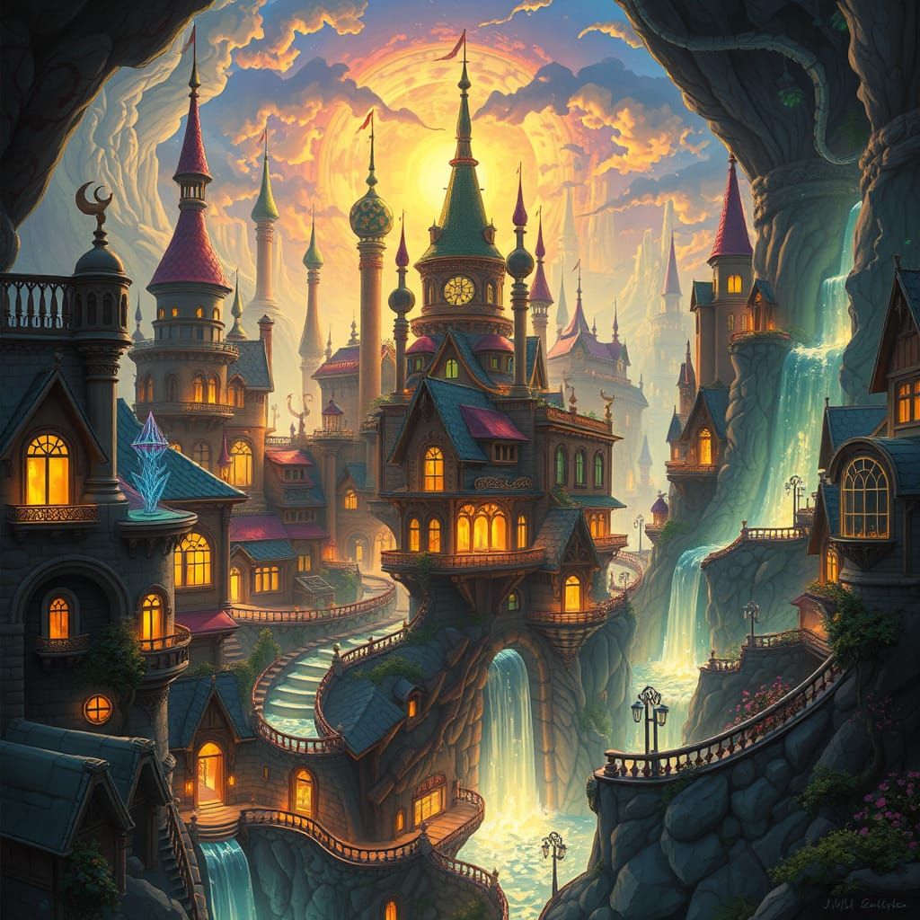 Glowing Fantasy Cityscape in Art Nouveau Style